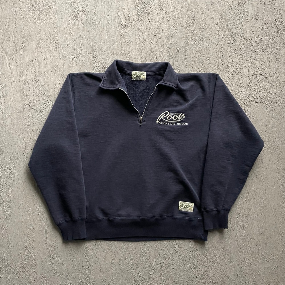 Vintage Roots Quarter Zip Pullover Sweatshirt Mens Large Navy Blue 90s